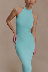 Melodie Halter Knit Maxi Dress - Cyan Blue