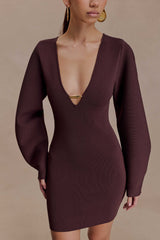 Billy Balloon Sleeve Knit Mini Dress - Dark Chocolate