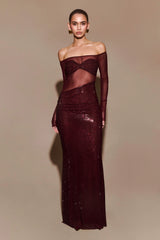 Nash Diamante Off Shoulder Maxi Dress - Mahogany