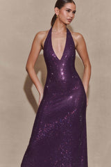 Genie Diamante Halter Midi Dress - Purple