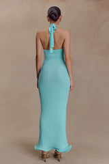Melodie Halter Knit Maxi Dress - Cyan Blue
